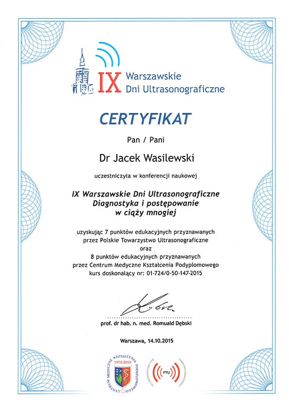 Certyfikat ultrasonografii w Tczewie dla dr. Jacek Wasilewski. – Tczew