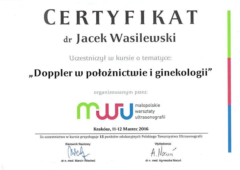 Certyfikat lekarza z kursu Doppler w położnictwie i ginekologii. – Tczew