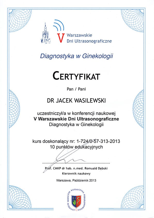 Certyfikat diagnostyki ginekologicznej – Dr Jacek Wasilewski. – Tczew