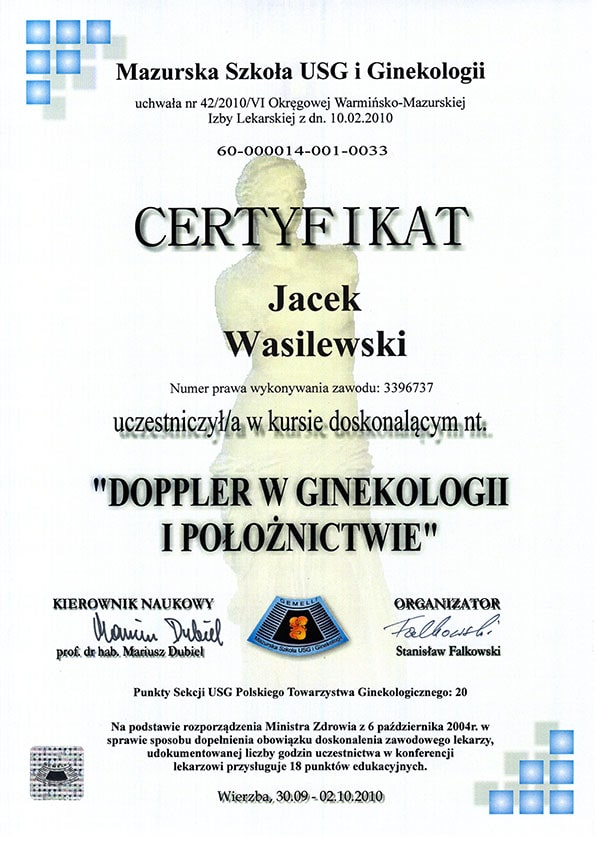 Certyfikat ukończenia kursu Doppler w ginekologii i położnictwie. – Tczew