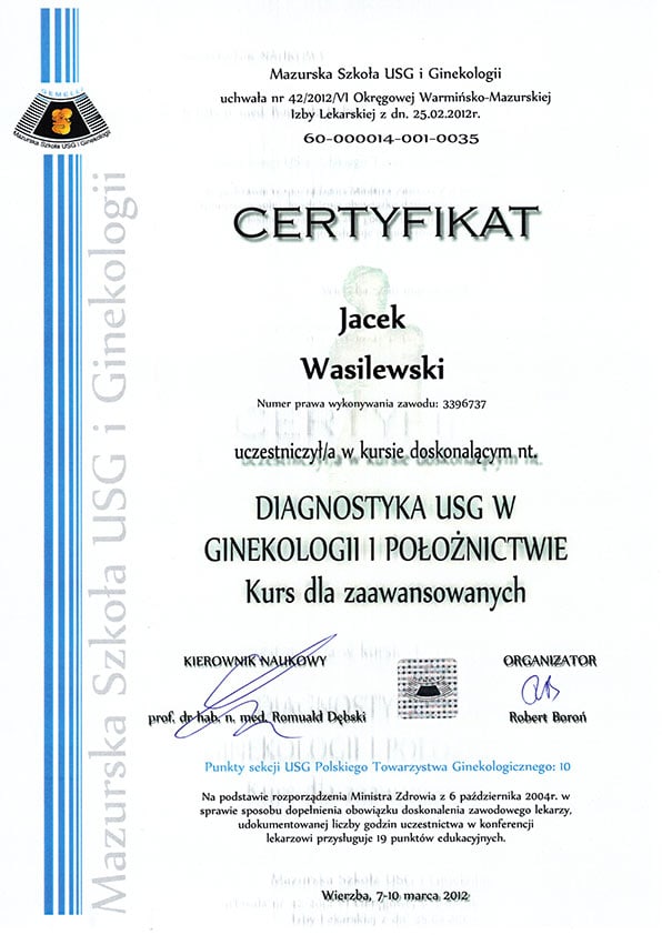 Certyfikat USG Ginekologia Tczew. – Tczew