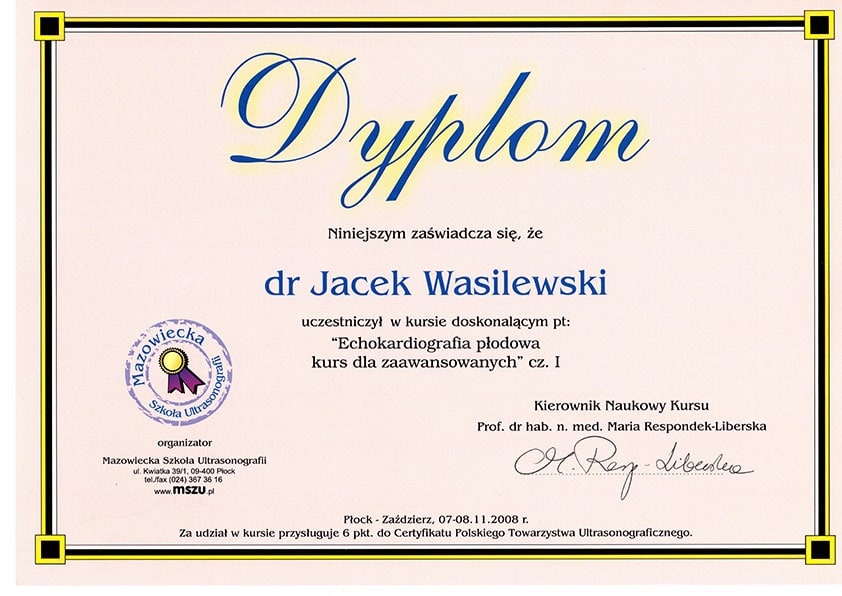 Dyplom ukończenia kursu ultrasonografii. – Tczew