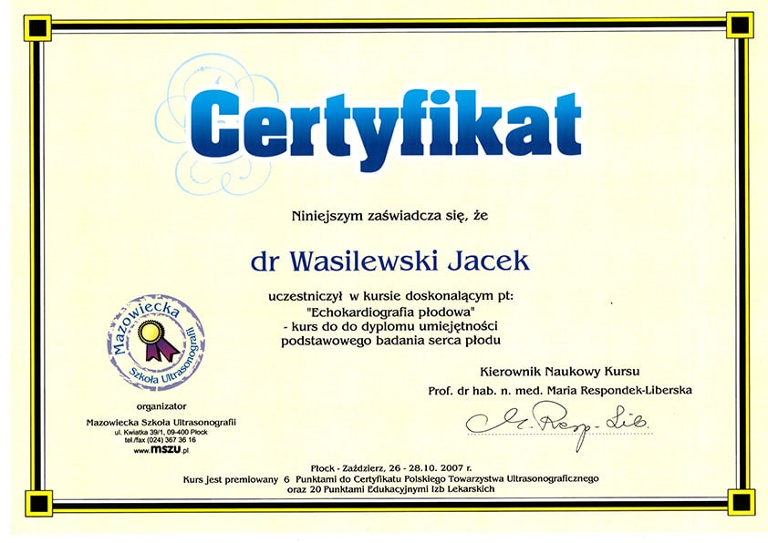 Certyfikat lekarza dr Wasilewskiego Jaceka. – Tczew
