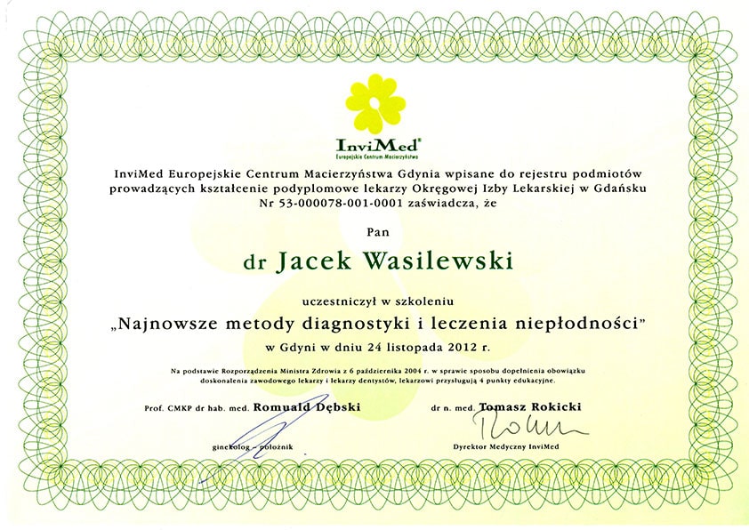 InviMed – certyfikat szkolenia diagnostyki niepłodności dla lekarzy w Tczewie. – Tczew