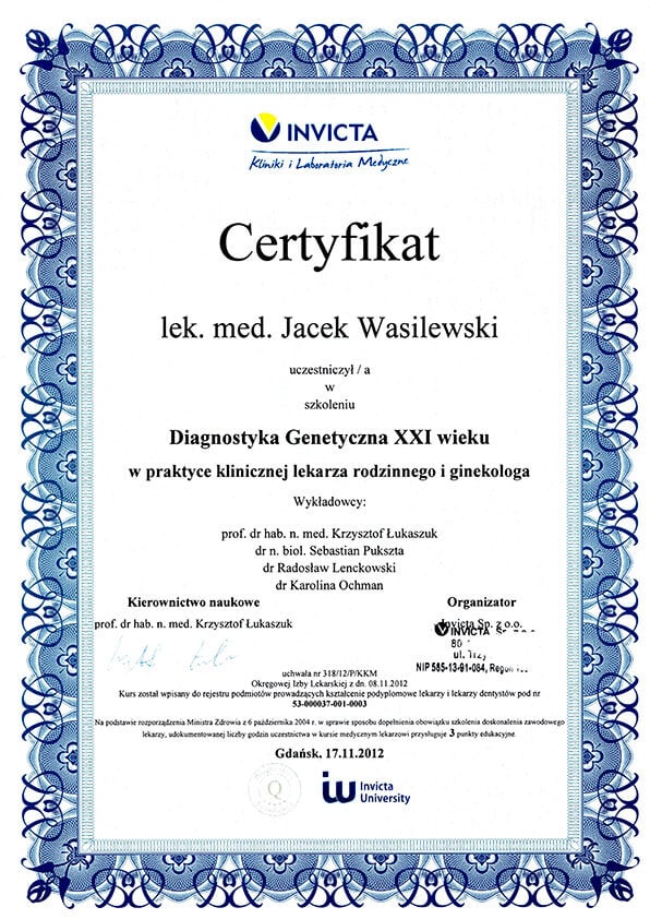 Certyfikat lekarza genetyka Jacek Wasilewski w Tczewie. – Tczew