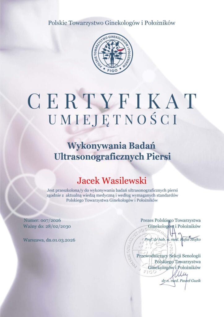 Certyfikat umiejętności wykonania badań ultrasonograficznych piersi, Jacek Wasilewski. Potwierdzenie. – Tczew